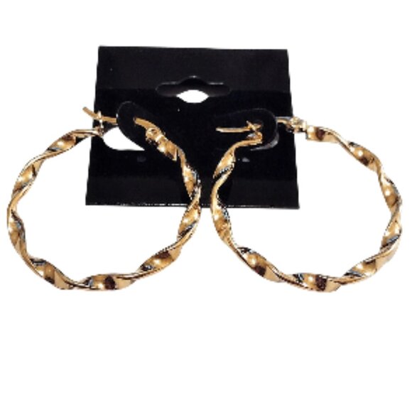 1 1/4 Inch 34mm Twisted Hoop Pierced Post Earrings Gold Tone 3mm Band - Picture 6 of 6